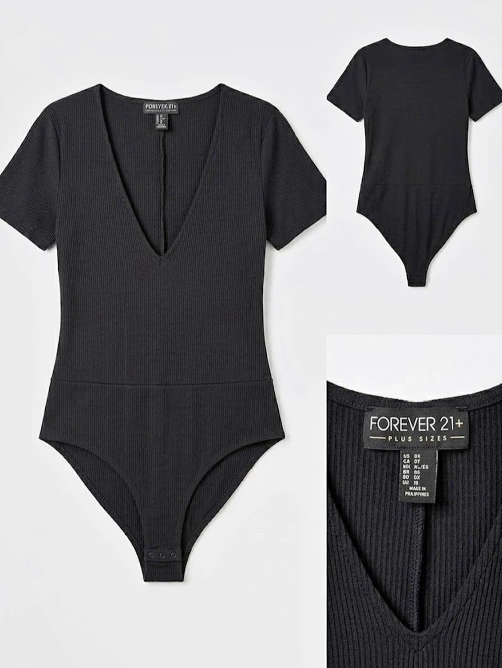 Forever 21 Plus Black Ribbed Short Sleeve V-Neck Bodysuit 0X